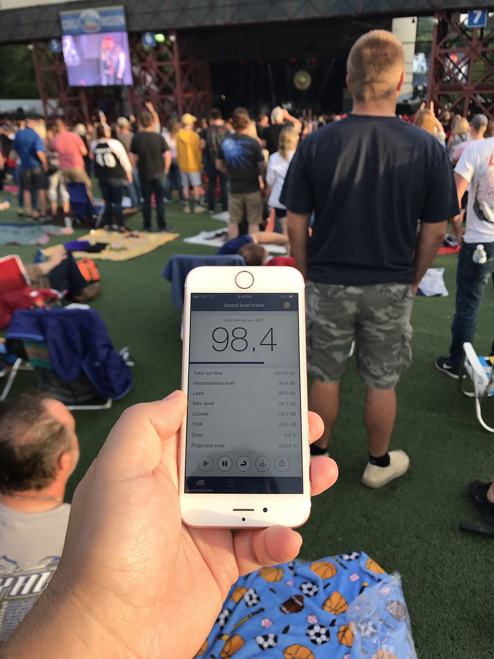 Geluidsniveau meten met een telefoon bij een buitenconcert: 98,4 dB